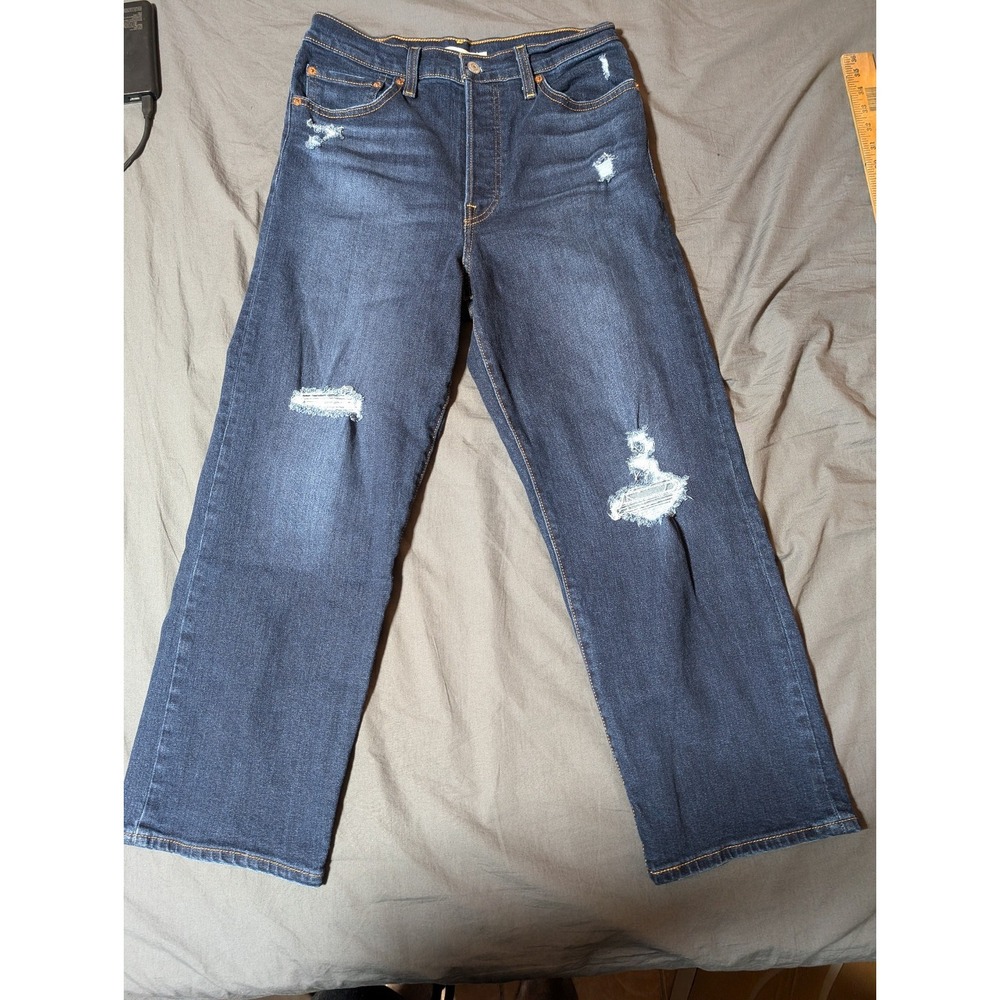 Levi's Super High Rise Ribcage Straight Ankle Jeans Distressed Size 30 x 27